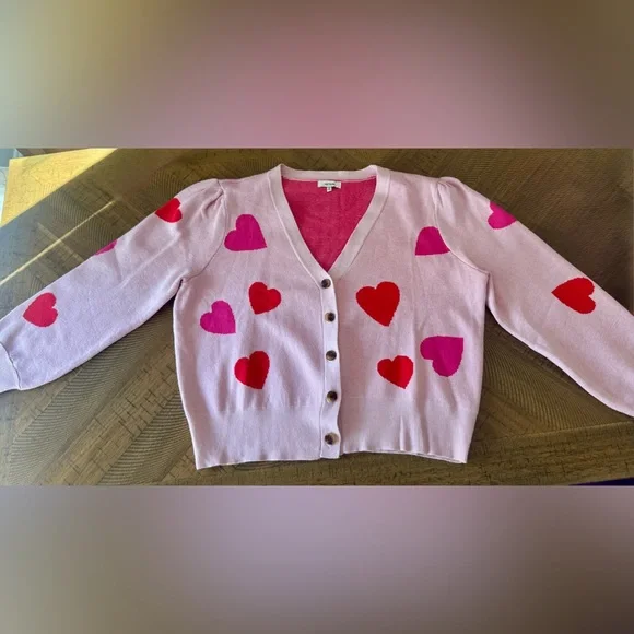 💕 Pink Heart Patterned Women's Button-Up Sweater - size XL - Picture 11 of 16